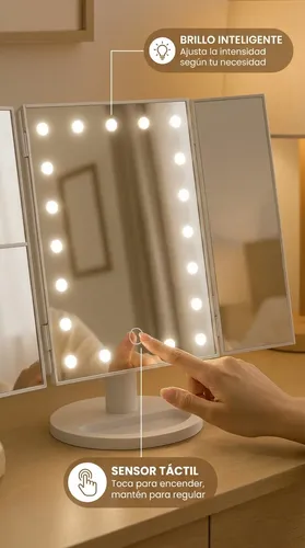Espejo Mtl Tríptico Con Luz Led Iluminación Portátil Base