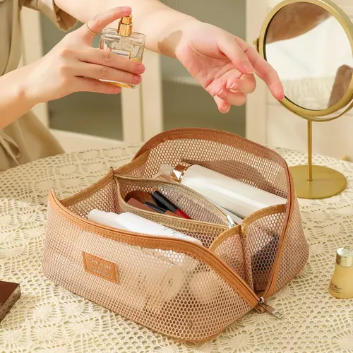 Neceser Organizador De Maquillaje De Red Viaje Caqui Mesh