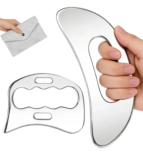 Set Masajeador Gua Sha Acero 2 En 1 Con Funda Negra