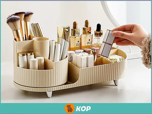 Organizador de Maquillaje con Porta Brochas Giratorio 360° en Beige