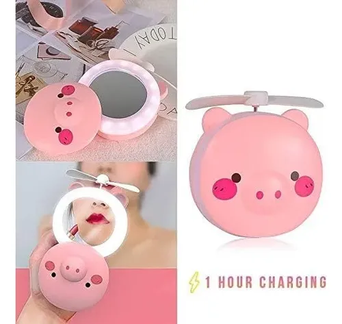 Mini Ventilador Cosmético 2 En 1 Con Diseño De Cerdo Y