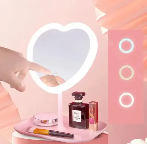 Espejo Maquillaje Corazón con Luz Led USB Toque Táctil Rosa 30cm