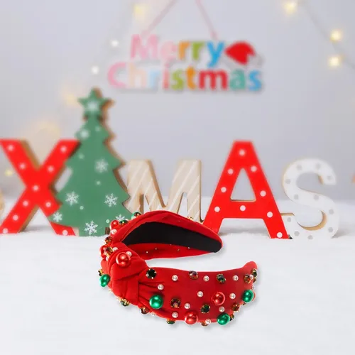 Diadema De Navidad Roja Ancha Con Perlas Y Rhinestones