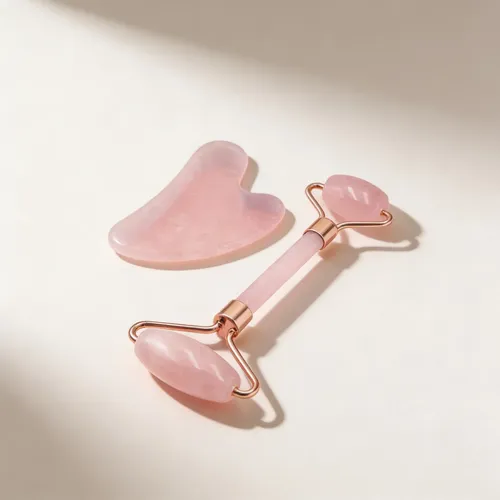 Masajeador De Rostro En Rodillo + Gua Sha De Cuarzo Rosa