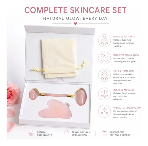 Set Rodillo Facial Y Gua Sha Cuarzo Rosa Masajeador