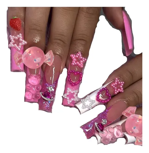 Uñas Postizas Con Forma De Corazón De Fresa Y Estrella De