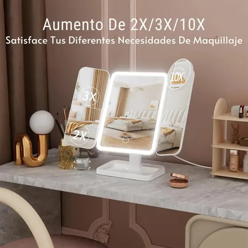 Espejo De Luz Led Maquillaje Con Aumento 3 Modos 10x 5x 2x Blanco Trafolec Baño Dormitorio Ajustable Recargable