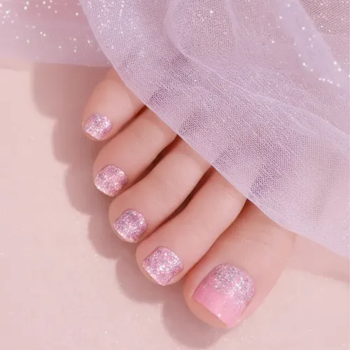 Tiras De Uñas Gel Para Pies Autoadhesivas 22u – No Necesita Lampara UV – Rosa Glitter