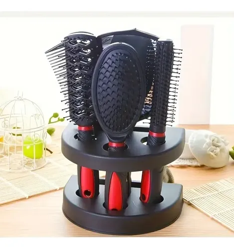 Set Cepillos Para Cabello Con Soporte 4 Piezas Rojo