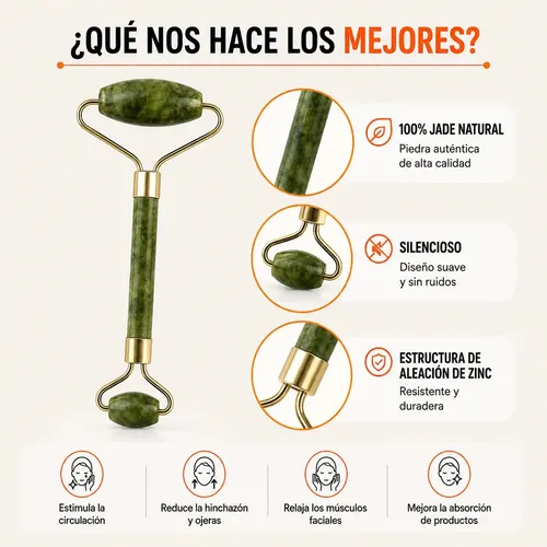 Kit Rodillo Masajeador Facial + Piedra Gua Sha Jade Roller Verde Jade