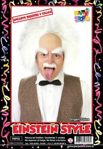 Peluca De Cientifico Loco Einstein Con Bigote Cejas Disfraz Color Blanco