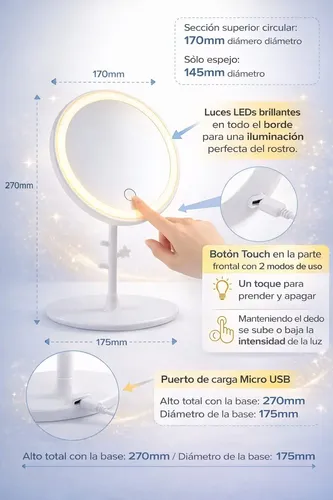 Espejo Redondo Led Luz Regulable Portátil Recargable 91047