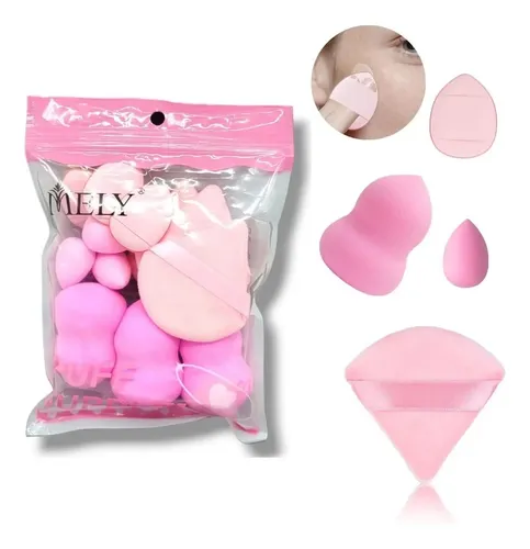 Esponjas Blender Maquillaje Mely Set 12 Piezas Rosa Látex Algodón Veganas