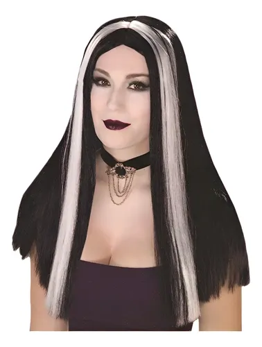 Party Store- Peluca Morticia Negra Y Blanca Cotillon Dizfraz