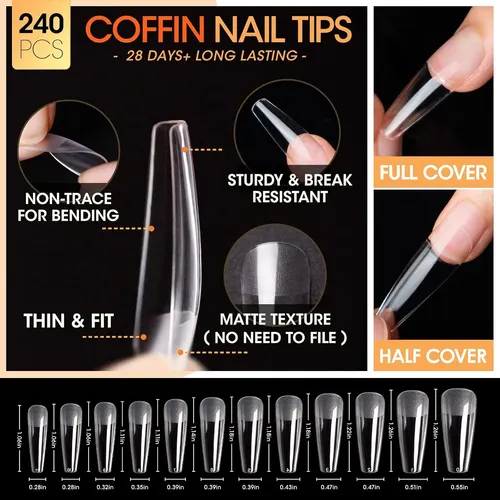 Kit Uñas Gel 240 Pcs Tips Coffin Uv Gel Pegamento