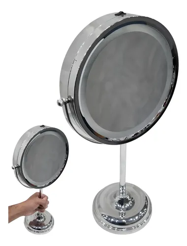 Espejo Doble 22cm Diametro Luz Led y Aumento X3 c/ Base Hecha en Metal Cromado Super resistente + Leds integrados a pila para suavisar sombras al ver de muy cerca mejorando experiencia de Uso – Oferta