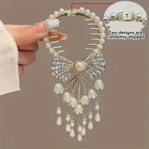 Broche De Pelo Con Perla, Cristal Y Lazo De Moda