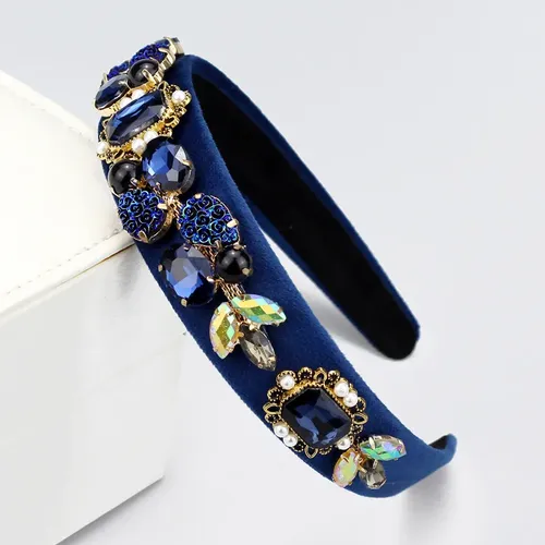 Vincha Vintage De Perlas Barrocas Y Strass Azul Marino