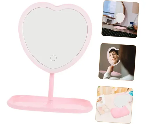 Espejo Maquillaje Corazón con Luz Led USB Toque Táctil Rosa 30cm