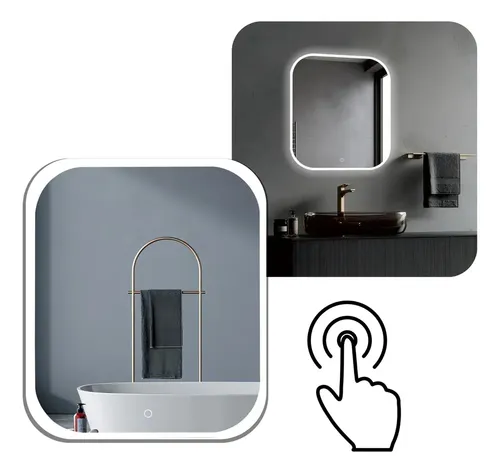 Espejo Rectangular Led Luz Fría Táctil Botón Frontal 60x70cm Anti Empañe Linea Moderna Touch