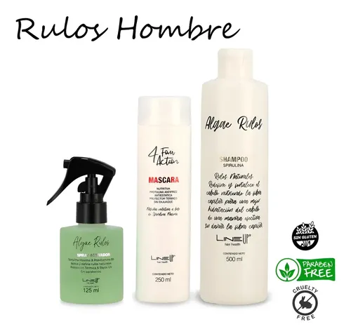 Kit Rizos Hombre con Espirulina Maxima una bomba proteica para que tu pelo crezca fuerte rulos definidos y relajados a la vez Shampoo Acondicionador 4FourAction y Spray, Producto Profesional LineUp
