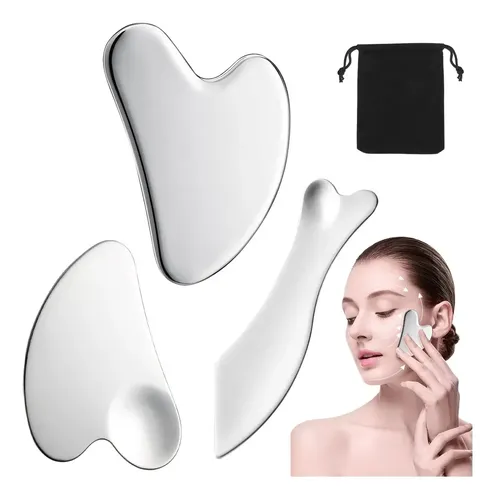 Kit 3 Piezas Guasha Facial Acero Inoxidable Masajes Cuello Todo Tipo De Piel Día/noche
