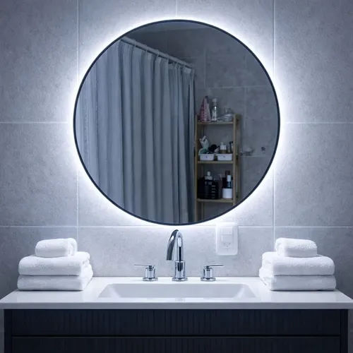 Espejo Luz Led Pared Baño 70 Cm Redondo Moderno Borde Negro