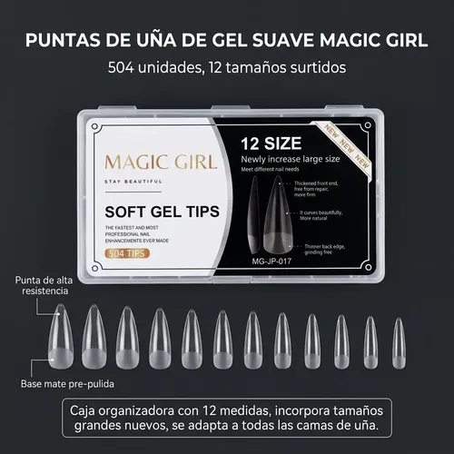 Tips Soft Gel Stiletto Transparente 504 Unidades 12 Tamaños