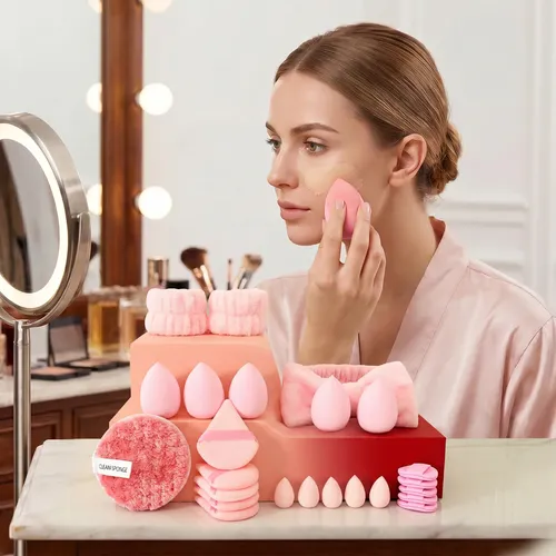 Kit 24 Esponjas Y Accesorios Para Maquillaje Rosa Dfg