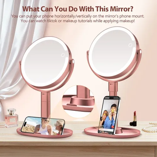 Espejo De Maquillaje Con Luz Led 30x Ajustable Rose