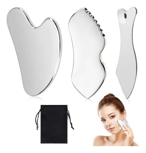 Masajeador Facial Gua Sha Acero Inox 3 Pzas
