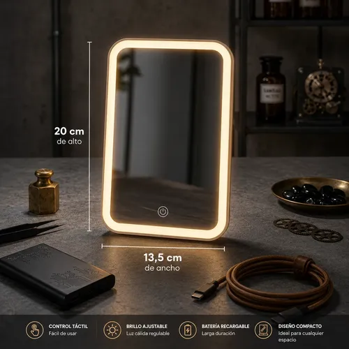 Espejo Con Luz Led Maquillaje Táctil Recargable Usb Premium