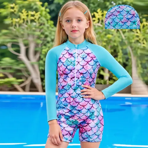 Cltraje De Baño Para Niñas Manga Larga Upf50 Con Gorro De