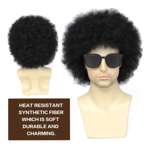 Peluca Afro Negra Airhostess Para Hombres Con Gafas