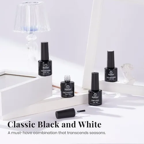 Kit Esmalte Gel Blanco Y Negro 4 Pzs Base Y Top Coat