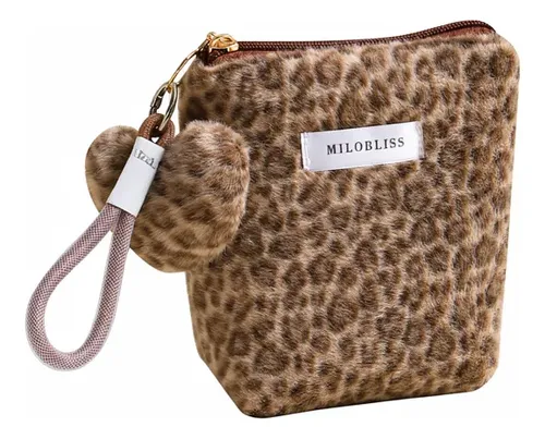 Bolso De Maquillaje Felpa Leopardo Marrón Hexagonal Grande