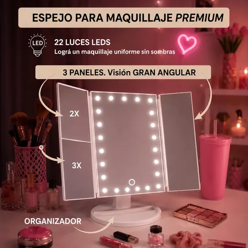 Espejo Led Makeup Tiktok Táctil 180° Luz Pro Blanco