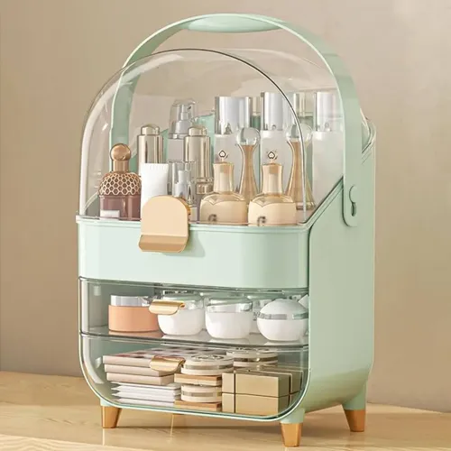 Organizador de Maquillaje con 2 Cajones y Manija en Plástico Verde