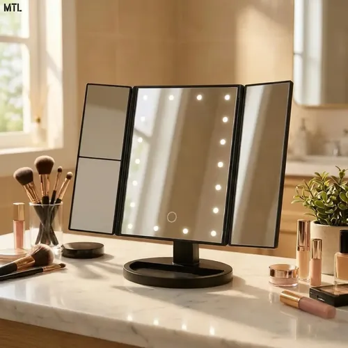 Espejo Mtl Tríptico Con Luz Led Iluminación Portátil Base Reforzada Ideal Maquillaje Profesional Rutinas Belleza Cuidado Facial Tocador Dormitorio Baño Negro Diseño Moderno Elegante Compacto Práctico
