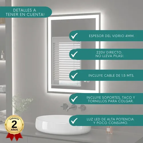 Espejo Inteligente Led Desempañador 60×80 Luz Cálida Y Fría