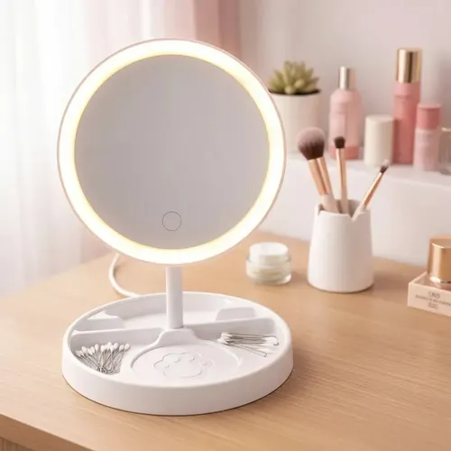 Espejo Pie Maquillaje Portatil Tactil Led Usb 90° Veoquiero Huella Blanco
