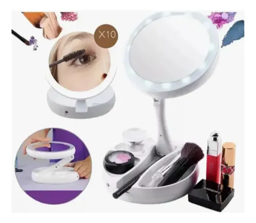 Espejo De Maquillaje Plegable Luz Led Zoom Doble Cara De 10x