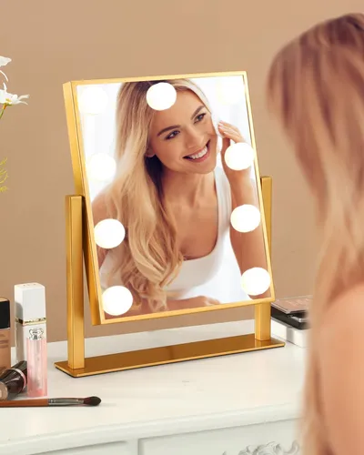 Espejo De Maquillaje Con Luz Led Bwllni 36cm Dorado