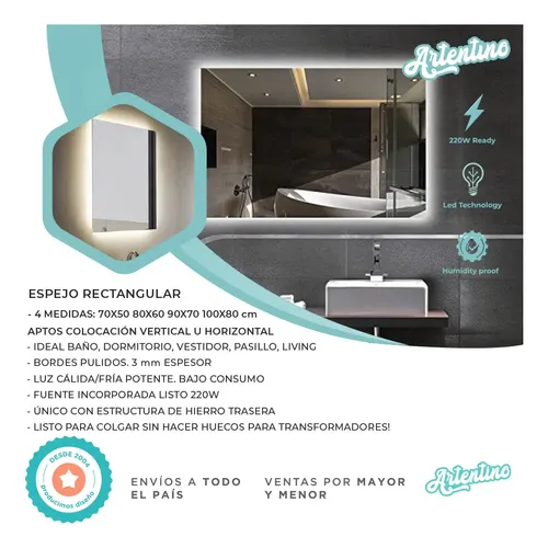 Espejo Led Decorativo Pared Baño Luz Cálida Fría Rgb 80x60cm