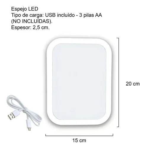 Espejo Rectangular Maquillaje Make Up Luz Led Usb Pilas