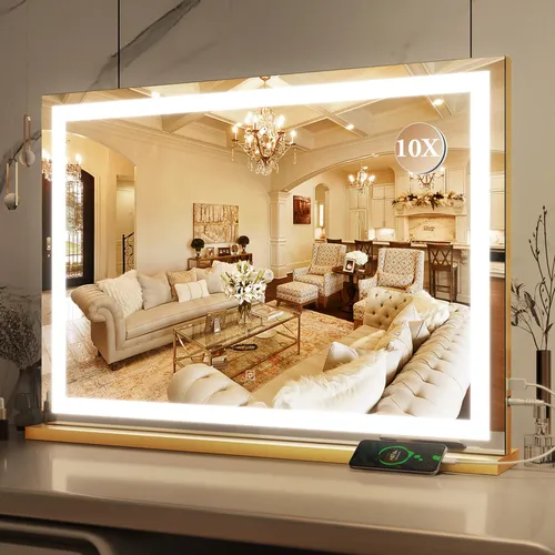 Espejo De Vanidad Rolove Con Luces Led 80x55cm Dorado