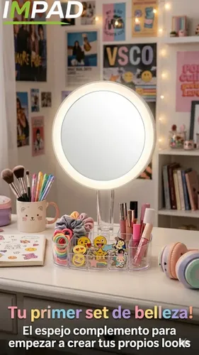 Espejo Redondo Maquillaje Led Táctil Con Organizador Impad