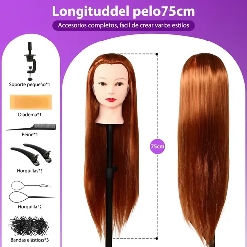 A, 75cm Cabeza Para Peinar Maniquí 75% Cabello Humano