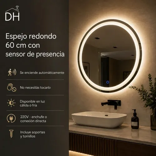 Espejo Inteligente Redondo Luz Led 60cm Sensor Presencia Dec Luz Cálida