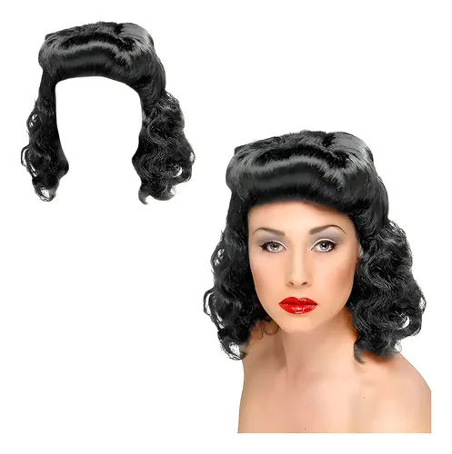 Peluca Negra Pin Up Manzana Cotillón Años 50s 60s 20cm